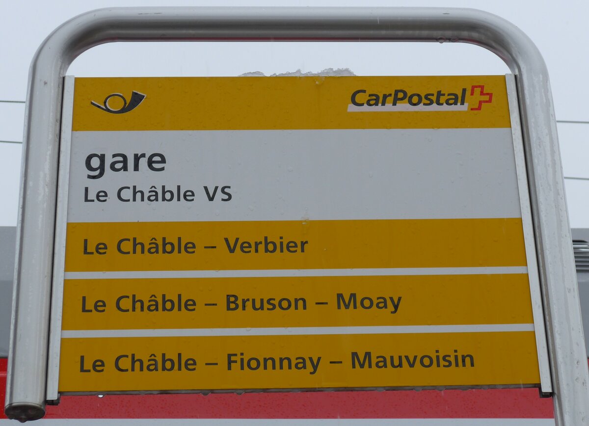 (148'695) - PostAuto-Haltestellenschild - Le Ch�ble VS, gare - am 2. Februar 2014