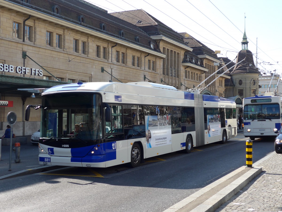 (149'251) - TL Lausanne - Nr. 881 - Hess/Hess Gelenktrolleybus am 9. M�rz 2014 beim Bahnhof Lausanne