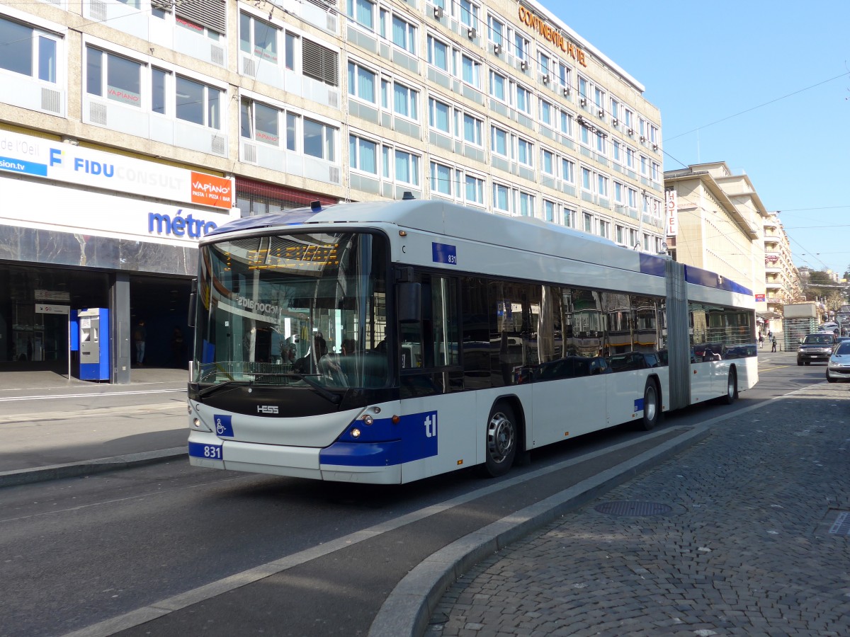 (149'261) - TL Lausanne - Nr. 831 - Hess/Hess Gelenktrolleybus am 9. M�rz 2014 beim Bahnhof Lausanne