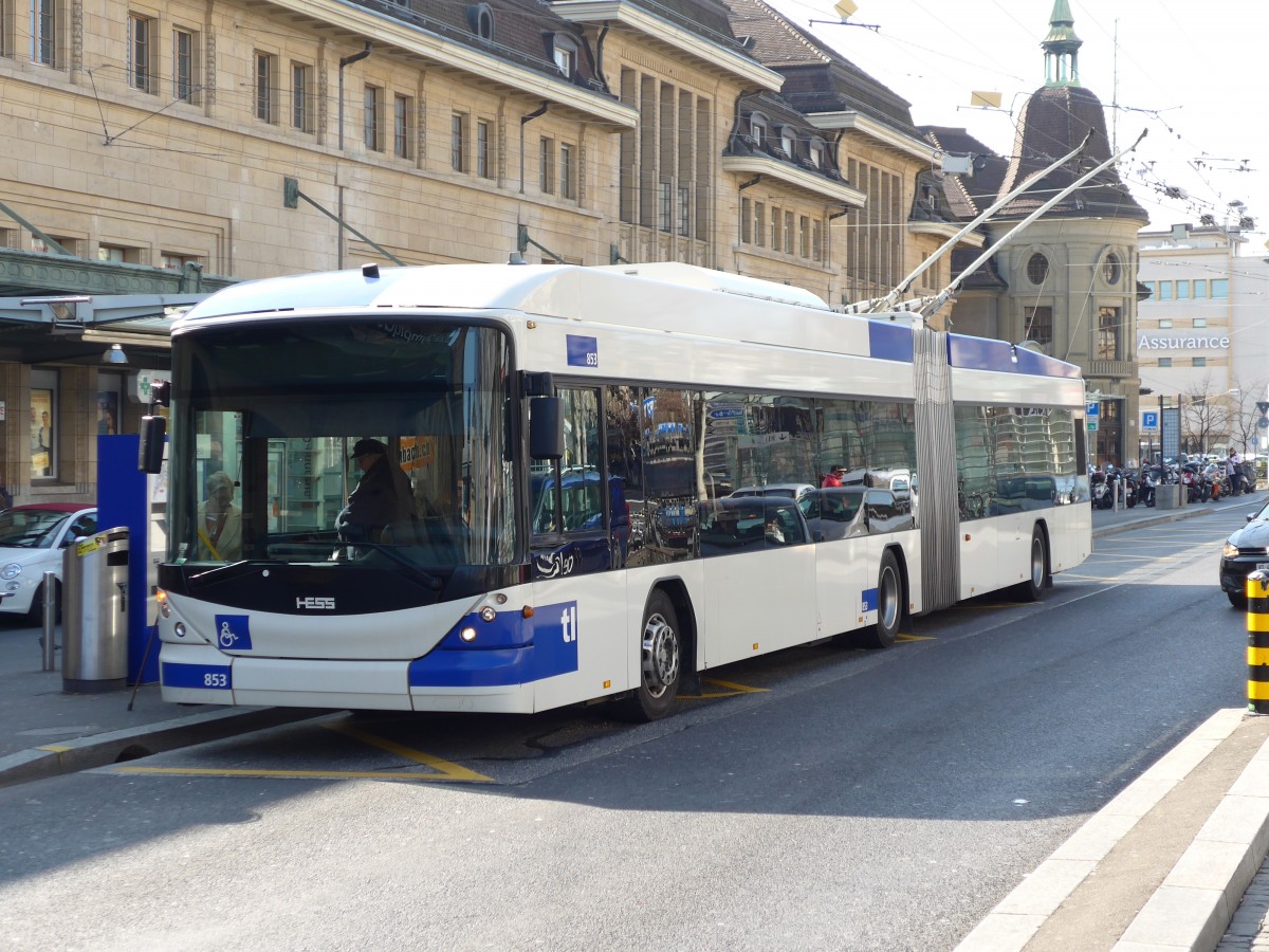 (149'264) - TL Lausanne - Nr. 853 - Hess/Hess Gelenktrolleybus am 9. M�rz 2014 beim Bahnhof Lausanne