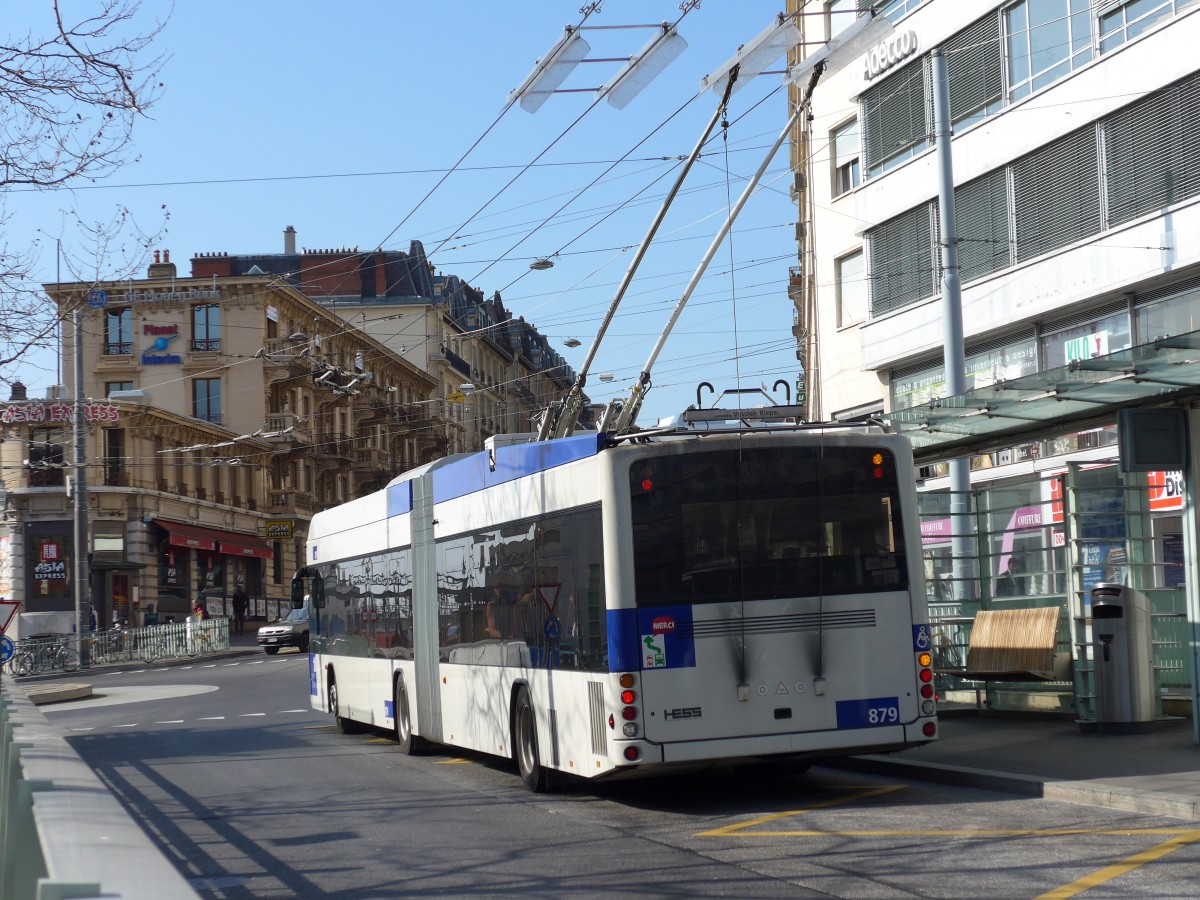 (149'266) - TL Lausanne - Nr. 879 - Hess/Hess Gelenktrolleybus am 9. M�rz 2014 beim Bahnhof Lausanne