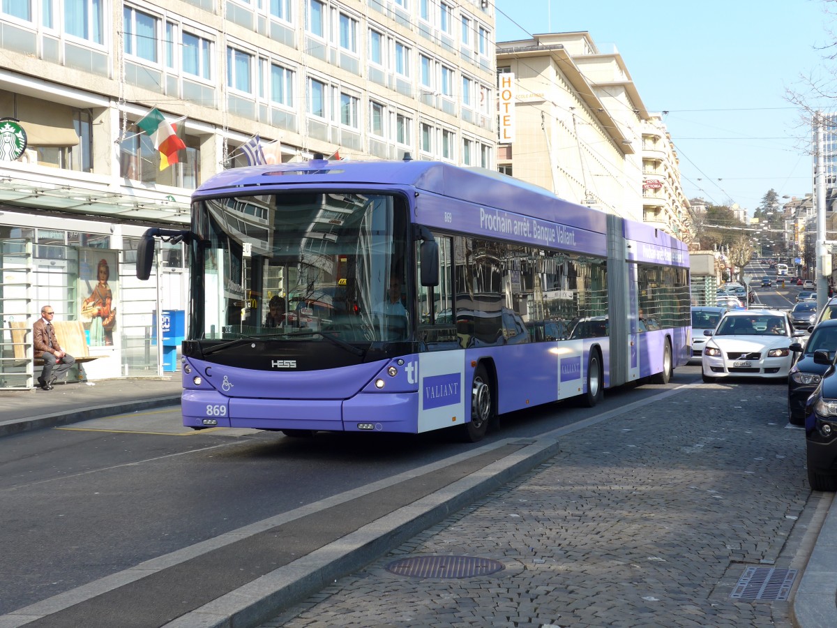 (149'271) - TL Lausanne - Nr. 869 - Hess/Hess Gelenktrolleybus am 9. M�rz 2014 beim Bahnhof Lausanne