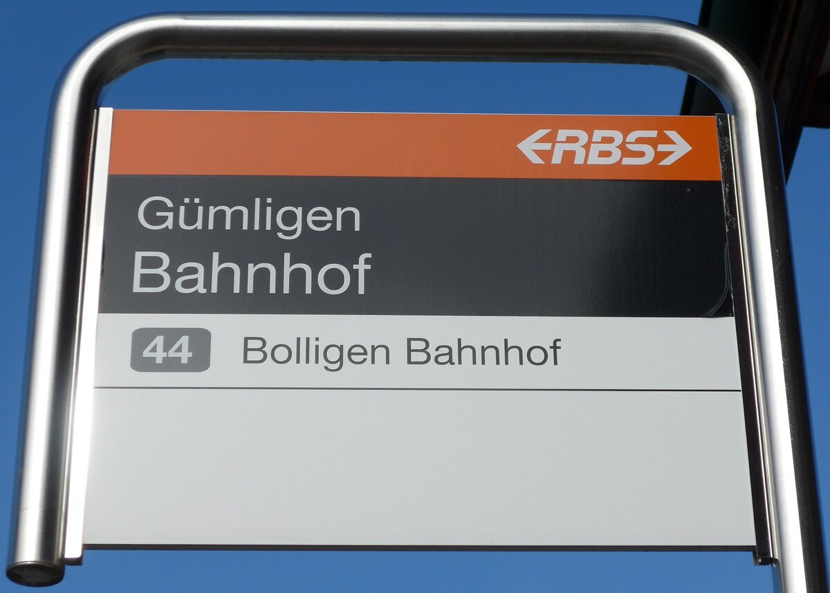 (149'362) - RBS-Haltestellenschild - G�mligen, Bahnhof - am 19. M�rz 2014
