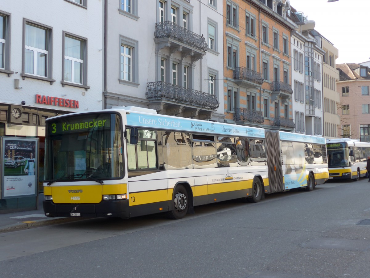 (149'409) - VBSH Schaffhausen - Nr. 13/SH 38'013 - Volvo/Hess am 29. M�rz 2014 beim Bahnhof Schaffhausen