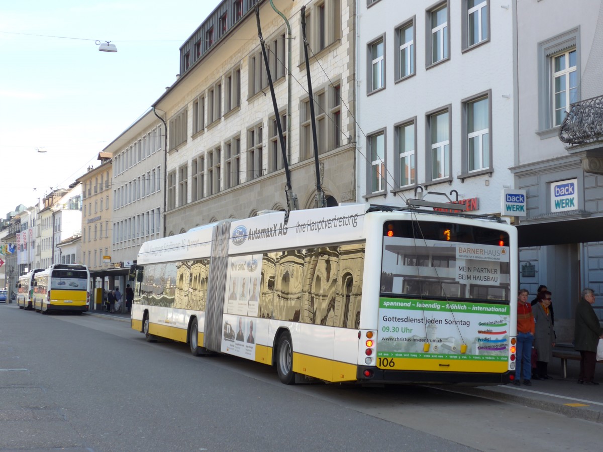 (149'419) - VBSH Schaffhausen - Nr. 106 - Hess/Hess Gelenktrolleybus am 29. M�rz 2014 beim Bahnhof Schaffhausen