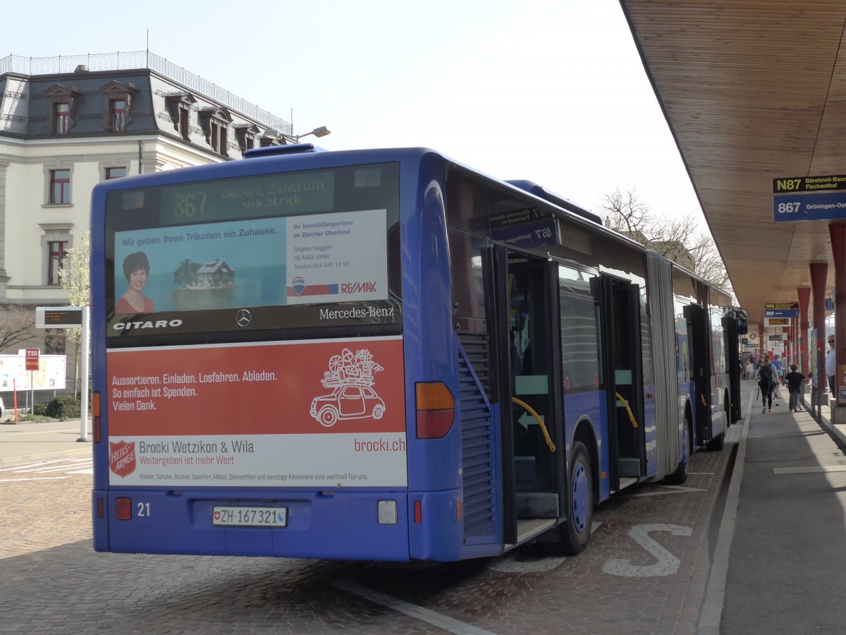 (149'501) - VZO Gr�ningen - Nr. 21/ZH 167'321 - Mercedes am 31. M�rz 2014 beim Bahnhof Wetzikon