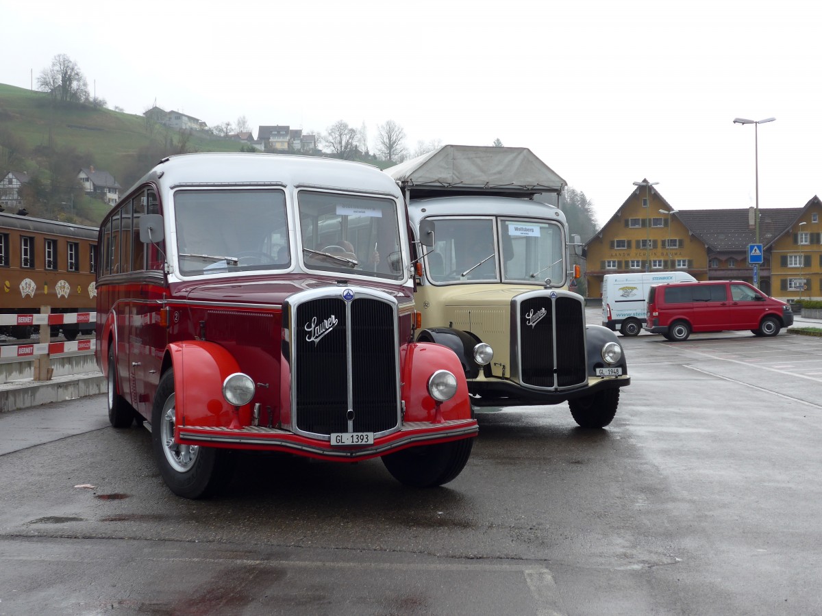 (149'587) - Biegger, Uster - Nr. 2/GL 1393 - Saurer/Lauber (ex T�l�verbier, Verbier Nr. 2; ex Werkbus; ex Rey, Ayent) am 6. April 2014 beim Bahnhof Bauma