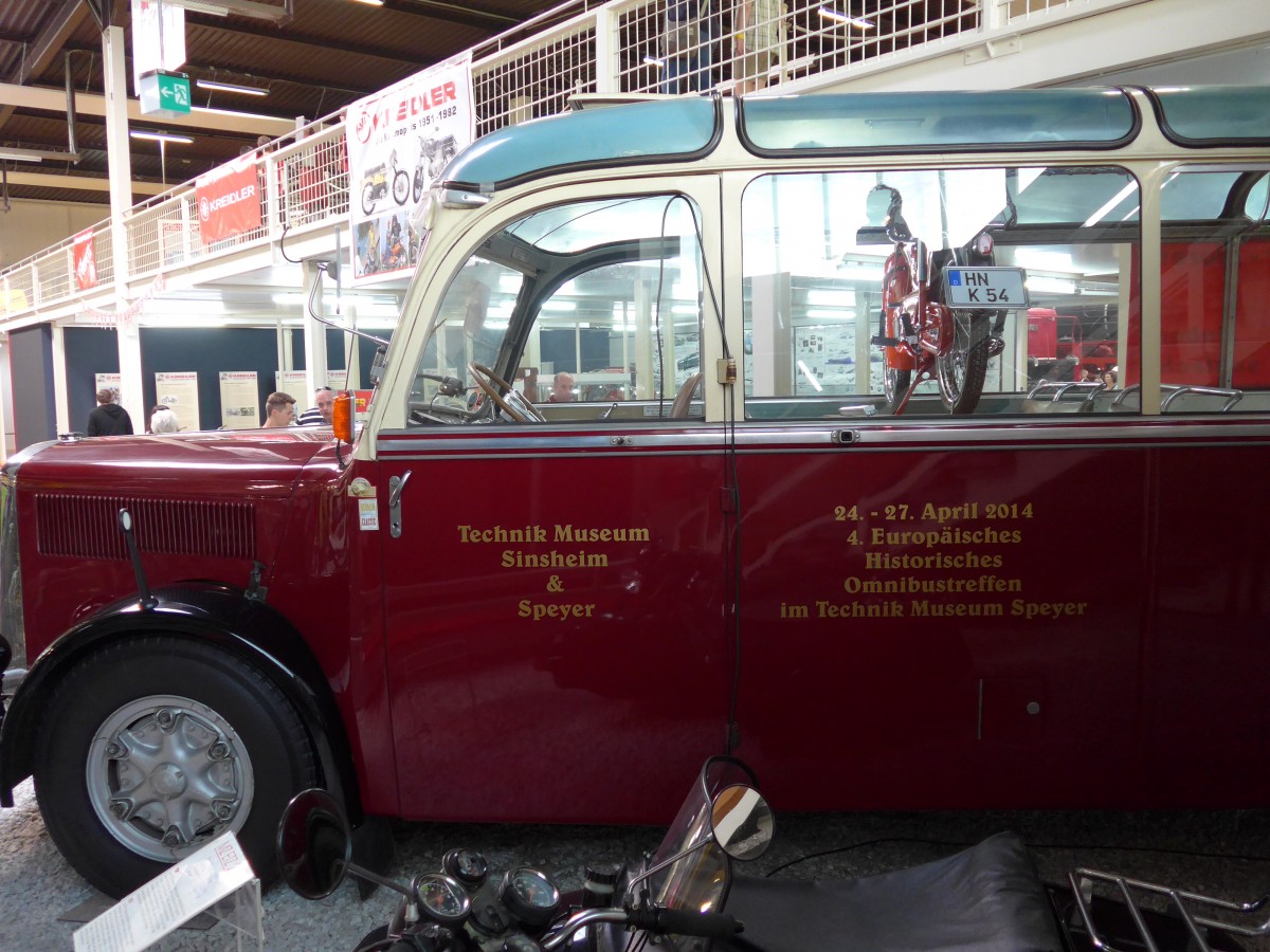 (149'959) - Museum, Sinsheim - Nr. 2 - Saurer/R&J (ex Renndienst-Fahrzeug; ex Sol�r&Fontana, Ilanz) am 25. April 2014 in Sinsheim, Museum (Teilaufnahme)
