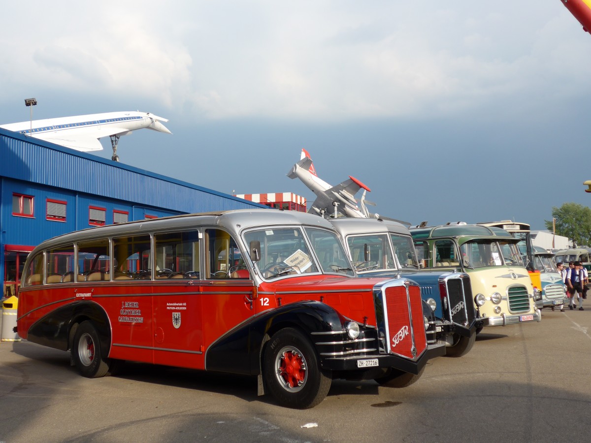 (150'120) - Aus der Schweiz: Meier, Gr�t - Nr. 12/ZH 27'216 - FBW/R&J (ex Wespe, Altst�tten; ex AFA Adelboden Nr. 12) am 25. April 2014 in Sinsheim, Museum