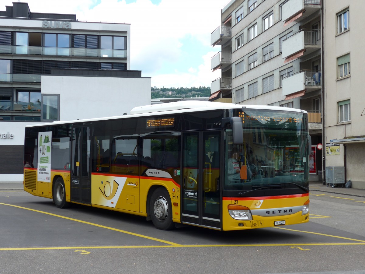 (151'048) - CarPostal Ouest - Nr. 23/JU 59'239 - Setra am 29. Mai 2014 in Del�mont, Place de la Poste