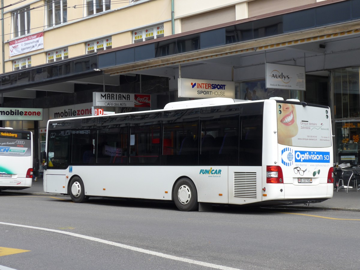 (151'068) - Funi-Car, Biel - Nr. 4/BE 107'904 - MAN/G�ppel am 29. Mai 2014 beim Bahnhof Biel