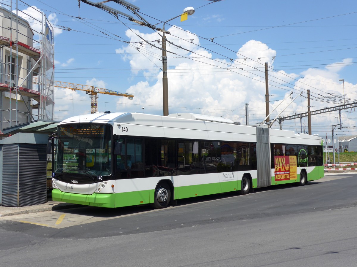 (151'467) - transN, La Chaux-de-Fonds - Nr. 140 - Hess/Hess Gelenktrolleybus (ex TN Neuch�tel Nr. 140) am 12. Juni 2014 beim Bahnhof Marin
