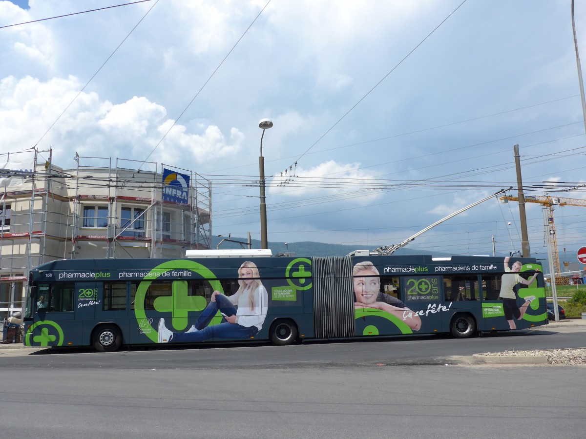 (151'472) - transN, La Chaux-de-Fonds - Nr. 150 - Hess/Hess Gelenktrolleybus (ex TN Neuch�tel Nr. 150) am 12. Juni 2014 beim Bahnhof Marin