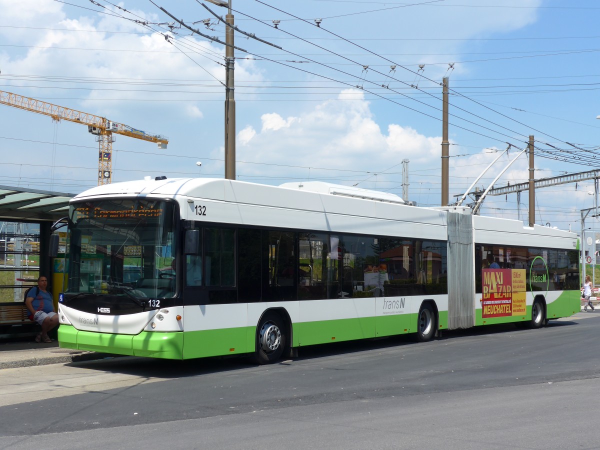 (151'479) - transN, La Chaux-de-Fonds - Nr. 132 - Hess/Hess Gelenktrolleybus (ex TN Neuch�tel Nr. 132) am 12. Juni 2014 beim Bahnhof Marin