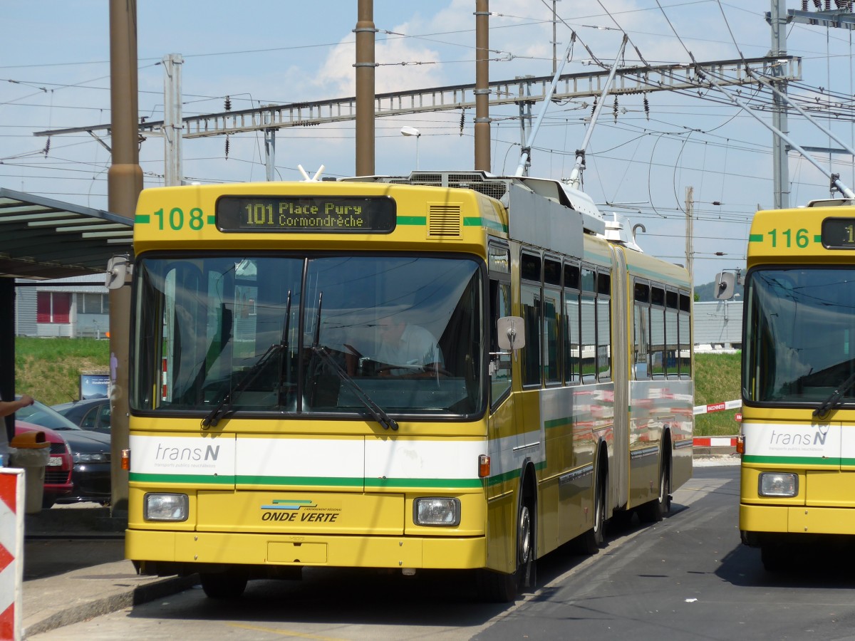 (151'486) - transN, La Chaux-de-Fonds - Nr. 108 - NAW/Hess Gelenktrolleybus (ex TN Neuch�tel Nr. 108) am 12. Juni 2014 beim Bahnhof Marin