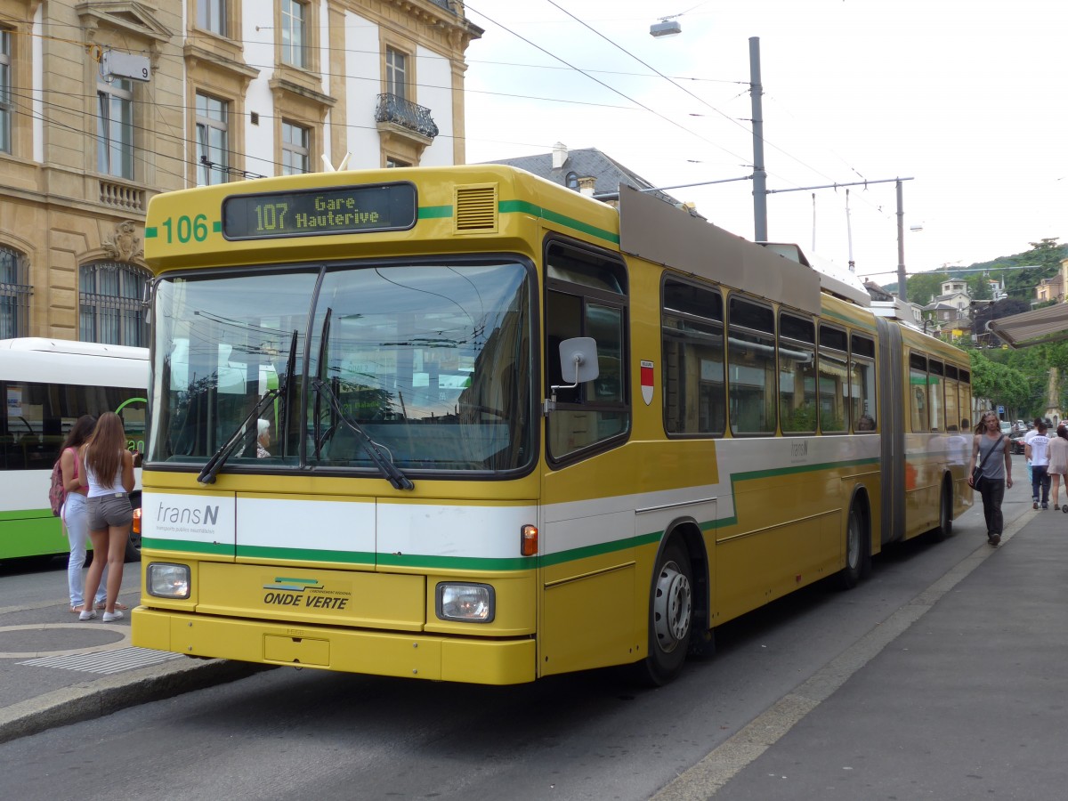 (151'494) - transN, La Chaux-de-Fonds - Nr. 106 - NAW/Hess Gelenktrolleybus (ex TN Neuch�tel Nr. 106) am 12. Juni 2014 in Neuch�tel, Place Pury