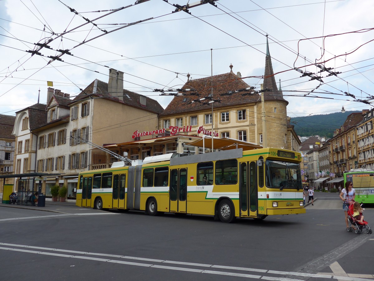 (151'498) - transN, La Chaux-de-Fonds - Nr. 106 - NAW/Hess Gelenktrolleybus (ex TN Neuch�tel Nr. 106) am 12. Juni 2014 in Neuch�tel, Place Pury