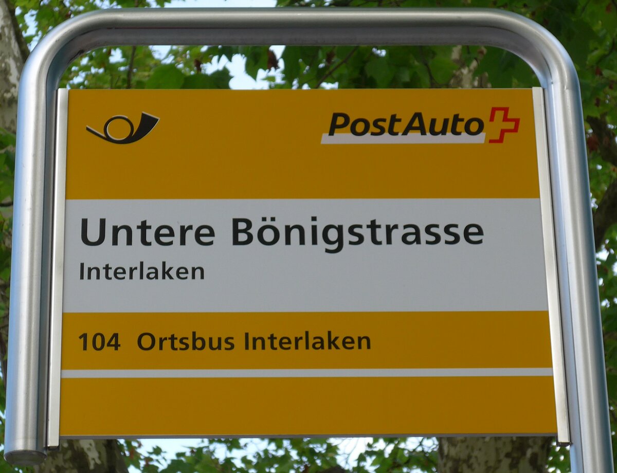 (151'878) - PostAuto-Haltestellenschild - Interlaken, Untere B�nigstrasse - am 28. Juni 2014