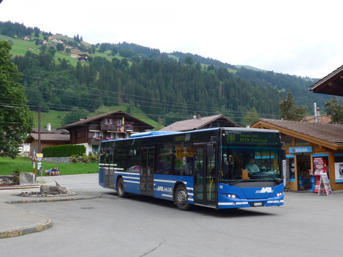 (153'480) - AFA Adelboden - Nr. 54/BE 611'056 - Neoplan (ex VBZ Z�rich Nr. 243) am 27. Juli 2014 beim Bahnhof Lenk