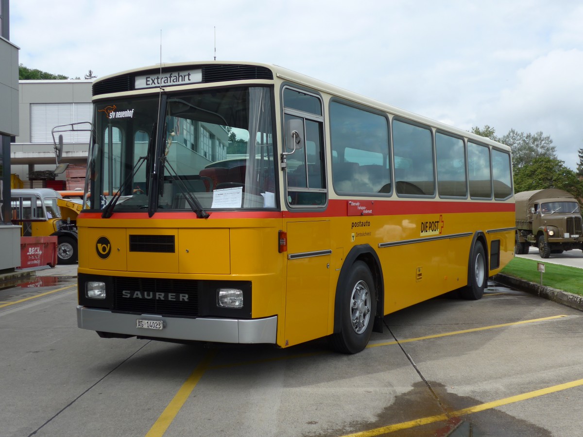(154'493) - Voser, Neuenhof - AG 14'023 - Saurer/T�scher (ex Fischer, Roggwil; ex Mattli, Wassen) am 30. August 2014 in Oberkirch, CAMPUS Sursee