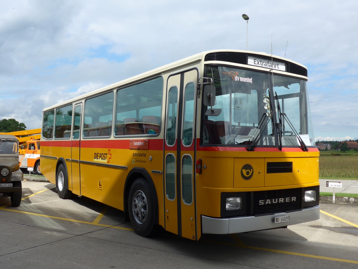 (154'494) - Voser, Neuenhof - AG 14'023 - Saurer/T�scher (ex Fischer, Roggwil; ex Mattli, Wassen) am 30. August 2014 in Oberkirch, CAMPUS Sursee