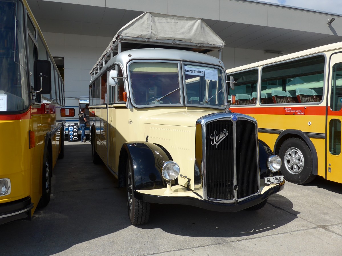 (154'526) - Biegger, Uster - Nr. 32/GL 1948 - Saurer/R&J (ex Redbull (Schweiz), Baar; ex Brandt, D-Reichersbeuern; ex Bach, NL-Amsterdam; ex H�gli, Steinach; ex EHC Biel; ex Leuenberger, Thun; ex AvH Heimenschwand) am 30. August 2014 in Oberkirch, CAMPUS Sursee