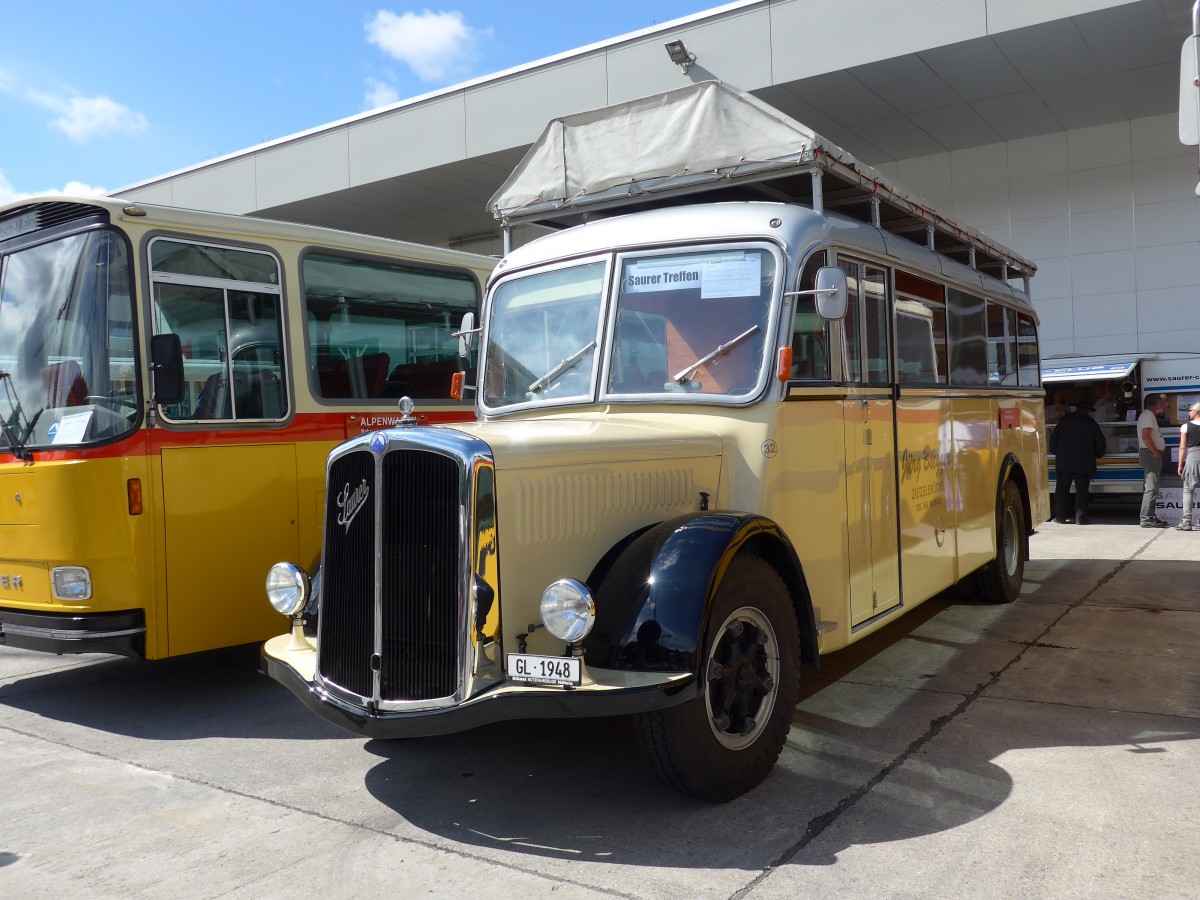 (154'532) - Biegger, Uster - Nr. 32/GL 1948 - Saurer/R&J (ex Redbull (Schweiz), Baar; ex Brandt, D-Reichersbeuern; ex Bach, NL-Amsterdam; ex H�gli, Steinach; ex EHC Biel; ex Leuenberger, Thun; ex AvH Heimenschwand) am 30. August 2014 in Oberkirch, CAMPUS Sursee