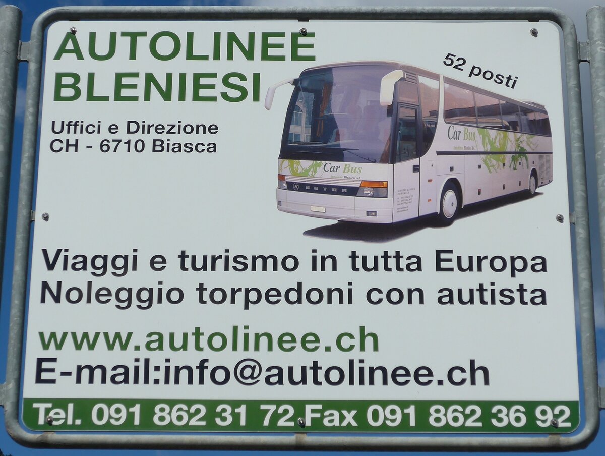 (154'813) - Plakat f�r die Autolinee Bleniesi am 1. September 2014 in Biasca, Garage