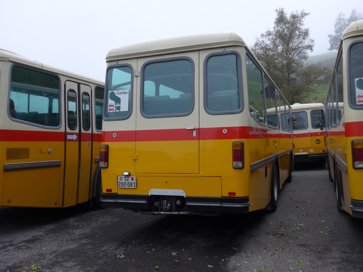 (155'606) - Inkamp, Altendorf - SZ 200'081 - Saurer/T�scher (ex Koch, Giswil; ex Selfors, Meiringen; ex P 24'236) am 12. Oktober 2014 in K�ssnacht, Rest. Frohsinn