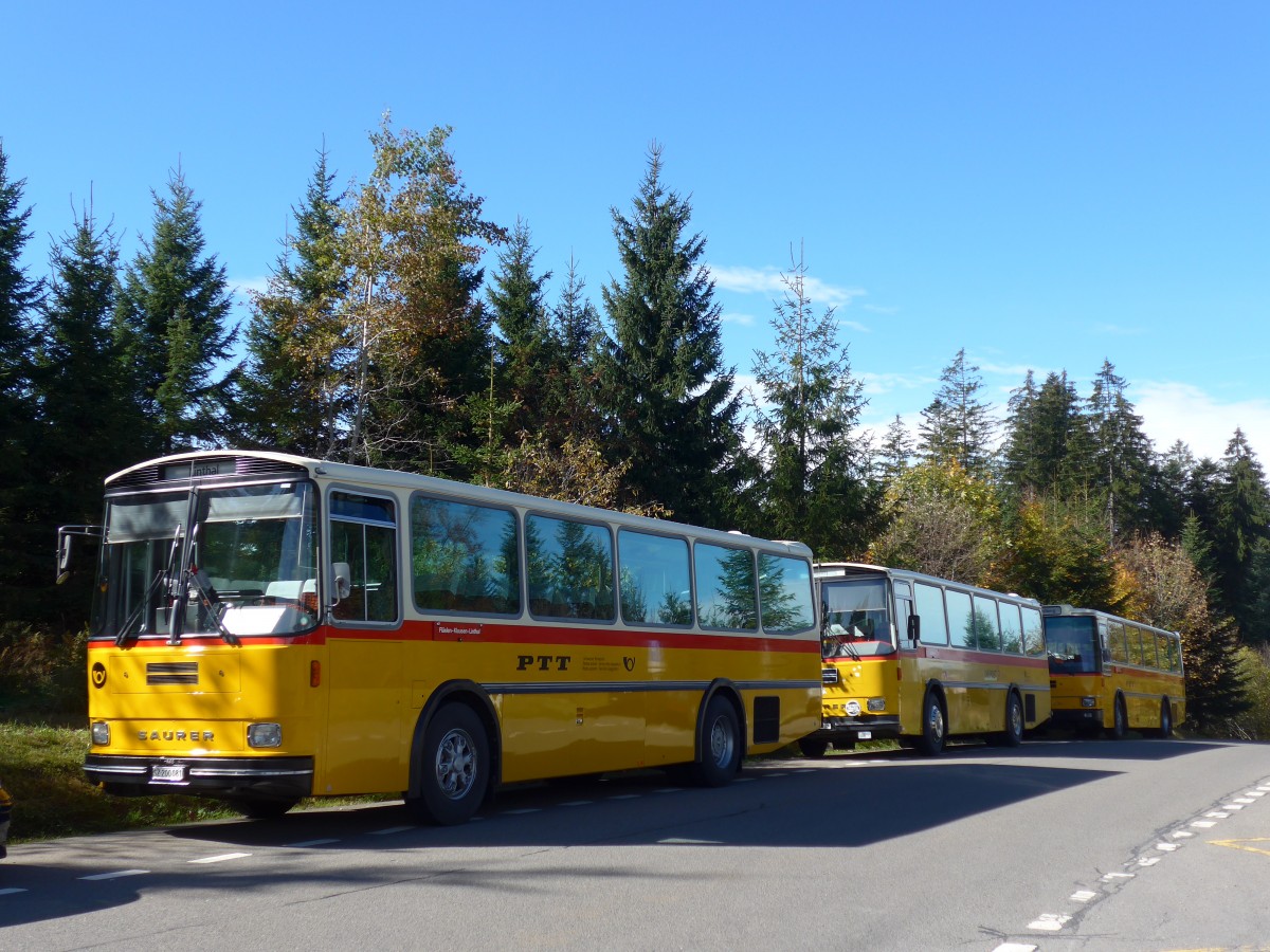 (155'634) - Inkamp, Altendorf - SZ 200'081 - Saurer/T�scher (ex Koch, Giswil; ex Selfors, Meiringen; ex P 24'236) am 12. Oktober 2014 in Willerzell, Rest. Sattelegg