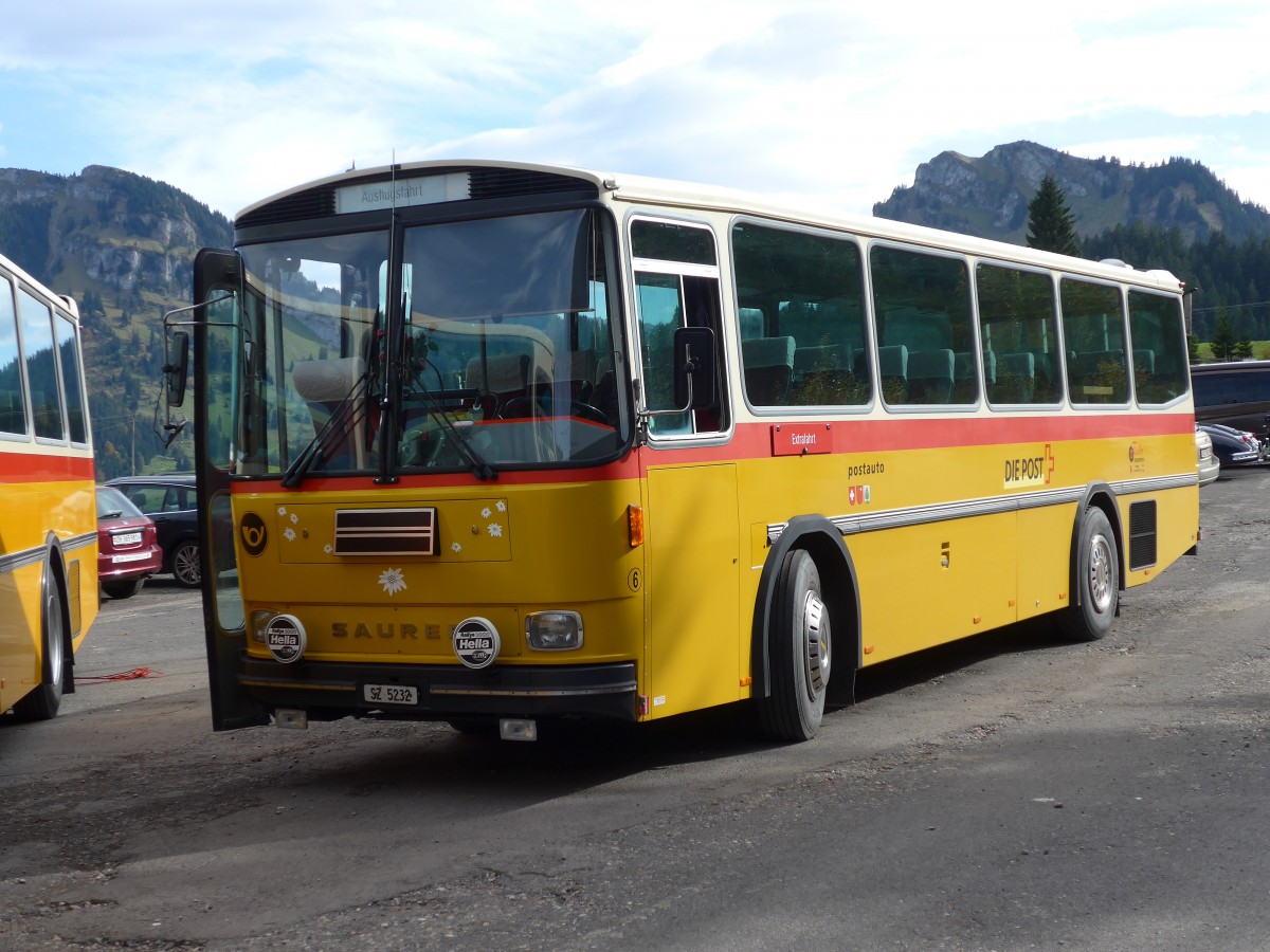 (155'654) - F�ssler, Unteriberg - Nr. 6/SZ 5232 - Saurer/R&J (ex Sch�rch, Gutenburg Nr. 6; ex P 24'358) am 12. Oktober 2014 in Willerzell, Rest. Sattelegg