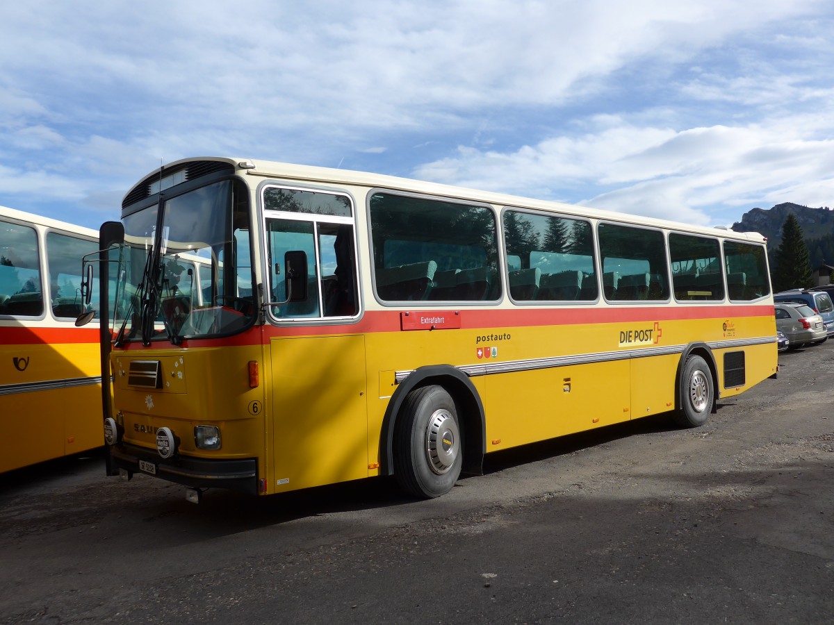(155'666) - F�ssler, Unteriberg - Nr. 6/SZ 5232 - Saurer/R&J (ex Sch�rch, Gutenburg Nr. 6; ex P 24'358) am 12. Oktober 2014 in Willerzell, Rest. Sattelegg