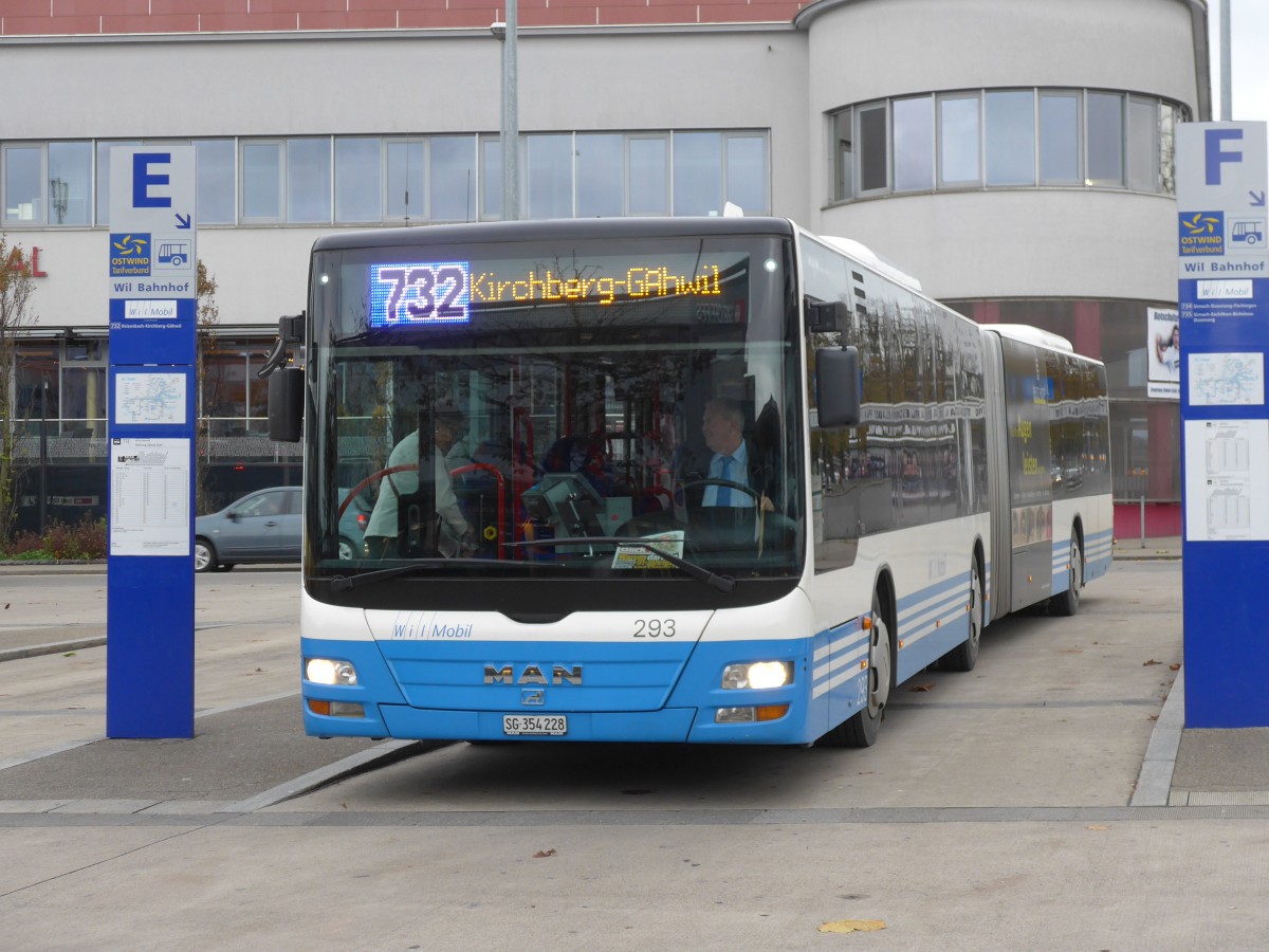 (155'917) - WilMobil, Wil - Nr. 293/SG 354'228 - MAN (ex RTB Altst�tten Nr. 3; ex SBC Chur Nr. 97) am 22. Oktober 2014 beim Bahnhof Wil