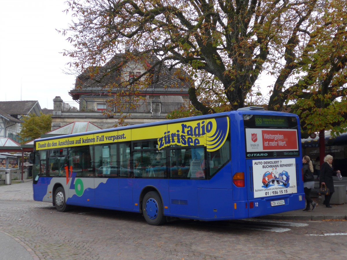 (156'202) - VZO Gr�ningen - Nr. 12/ZH 41'412 - Mercedes am 28. Oktober 2014 beim Bahnhof Wetzikon