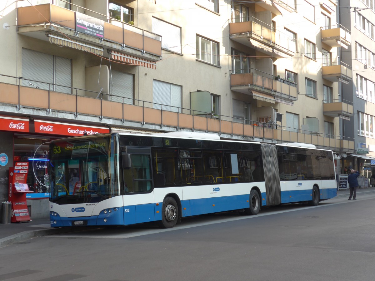 (156'291) - VBZ Z�rich - Nr. 523/ZH 726'523 - Neoplan am 28. Oktober 2014 beim Bahnhof Z�rich-Oerlikon