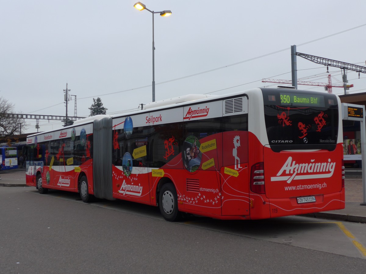 (157'539) - VZO Gr�ningen - Nr. 119/ZH 745'119 - Mercedes am 26. November 2014 beim Bahnhof Wetzikon
