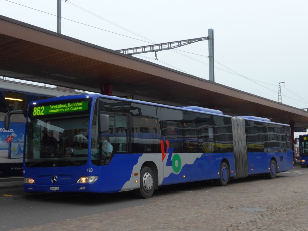 (157'560) - VZO Gr�ningen - Nr. 120/ZH 580'120 - Mercedes am 26. November 2014 beim Bahnhof Wetzikon
