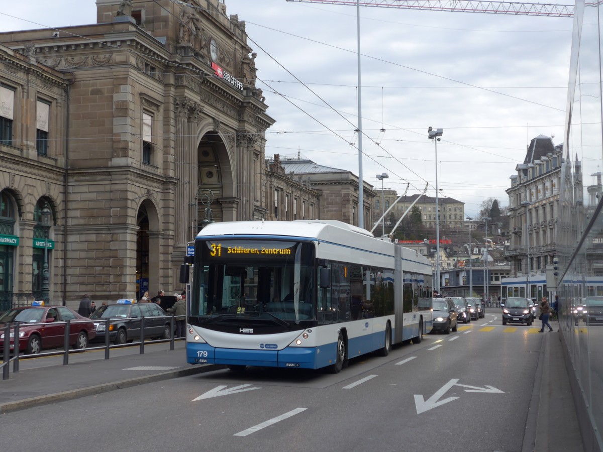 (157'732) - VBZ Z�rich - Nr. 179 - Hess/Hess Gelenktrolleybus am 14. Dezember 2014 in Z�rich, Bahnhofquai/Hauptbahnhof