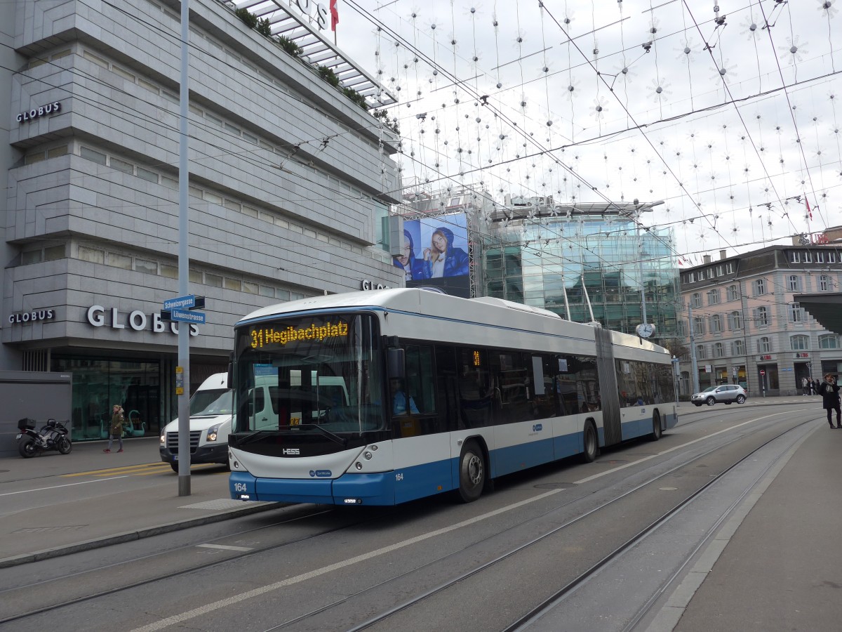 (157'737) - VBZ Z�rich - Nr. 164 - Hess/Hess Gelenktrolleybus am 14. Dezember 2014 in Z�rich, L�wenplatz