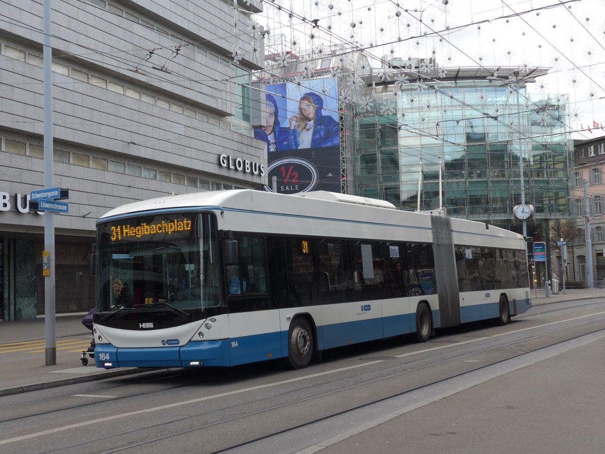 (157'738) - VBZ Z�rich - Nr. 164 - Hess/Hess Gelenktrolleybus am 14. Dezember 2014 in Z�rich, L�wenplatz