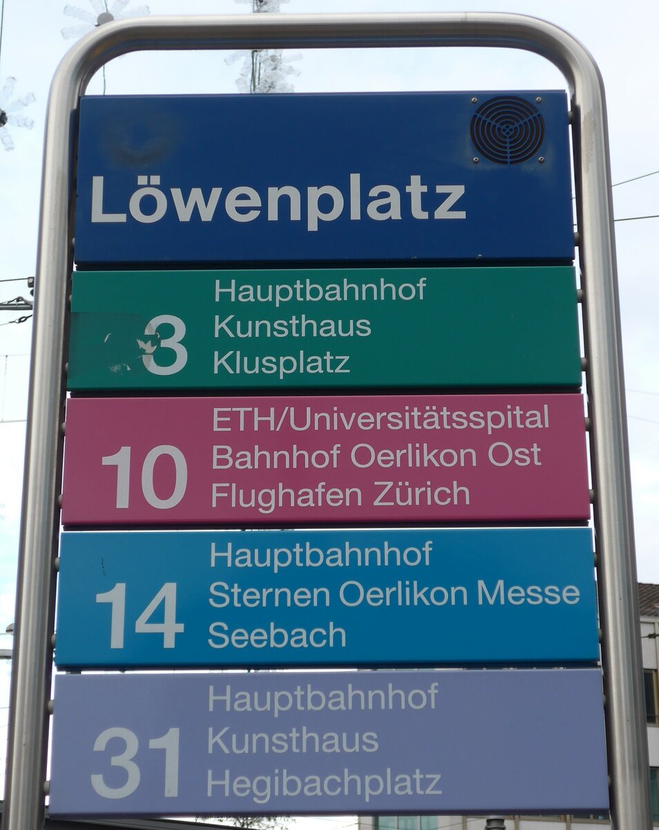 (157'740) - ZVV-Haltestellenschild - Z�rich, L�wenplatz - am 14. Dezember 2014