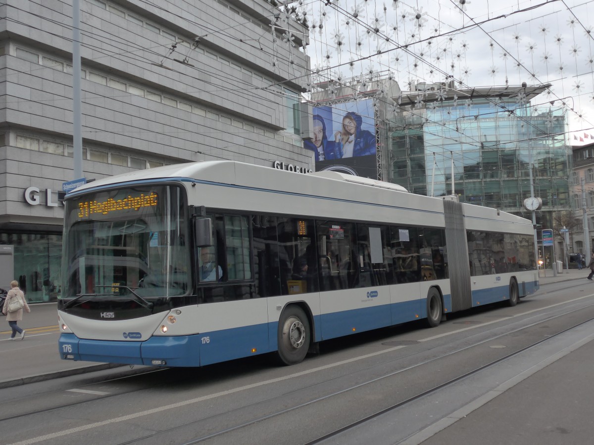 (157'744) - VBZ Z�rich - Nr. 176 - Hess/Hess Gelenktrolleybus am 14. Dezember 2014 in Z�rich, L�wenplatz