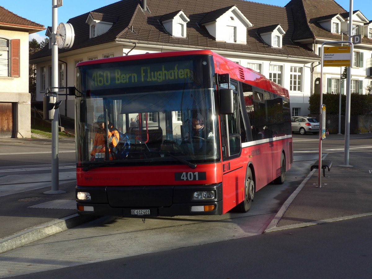 (157'854) - Brnmobil, Bern - Nr. 401/BE 612'401 - MAN/G�ppel am 20. Dezember 2014 beim Bahnhof M�nsingen