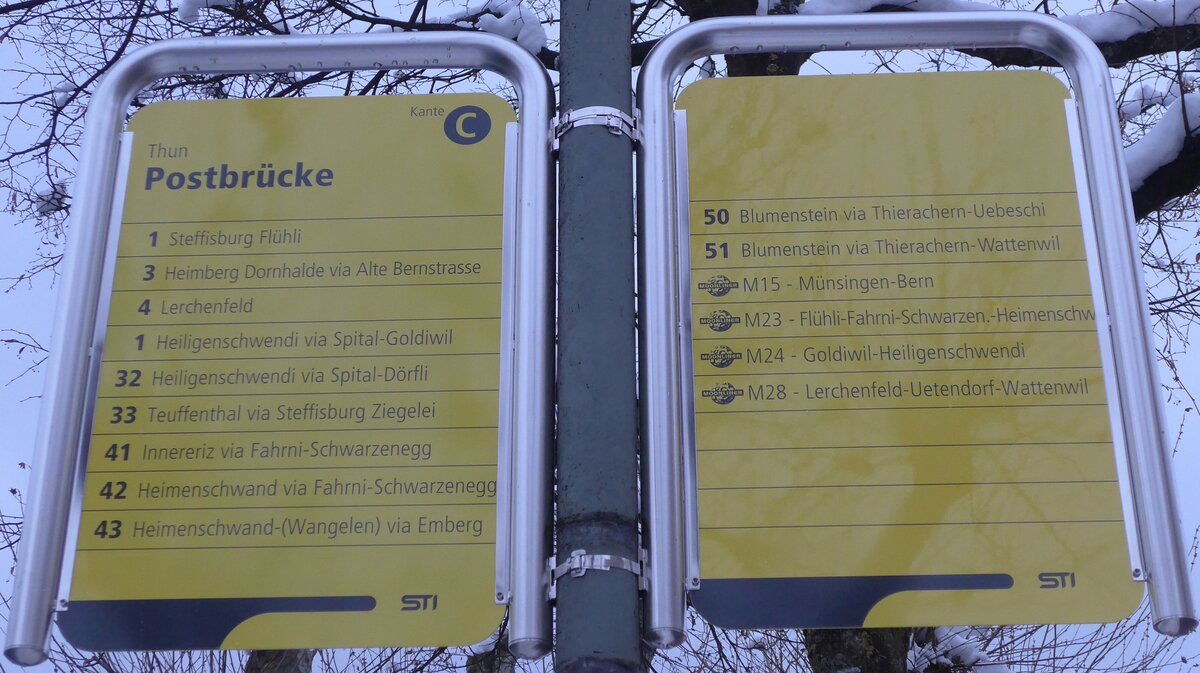 (158'043) - STI-Haltestellenschilder - Thun, Postbr�cke - am 31. Dezember 2014