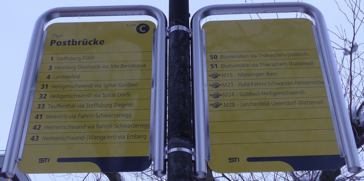 (158'044) - STI-Haltestellenschilder - Thun, Postbr�cke - am 31. Dezember 2014