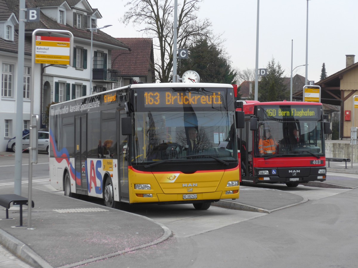 (158'460) - Lengacher, M�nsingen - Nr. 6/BE 382'422 - MAN/G�ppel am 19. Januar 2015 beim Bahnhof M�nsingen