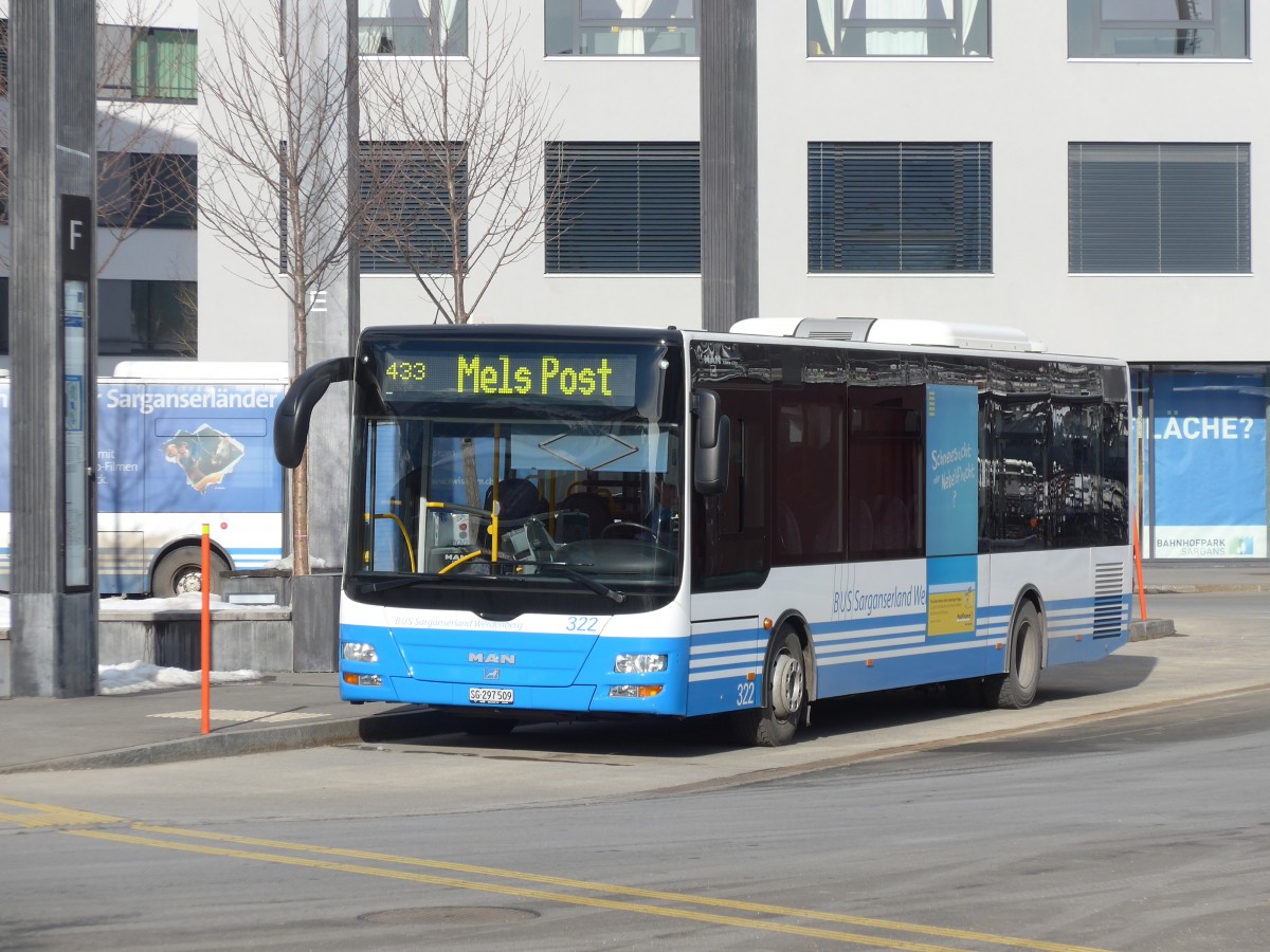 (158'698) - BSW Sargans - Nr. 322/SG 297'509 - MAN/G�ppel am 14. Februar 2015 beim Bahnhof Sargans