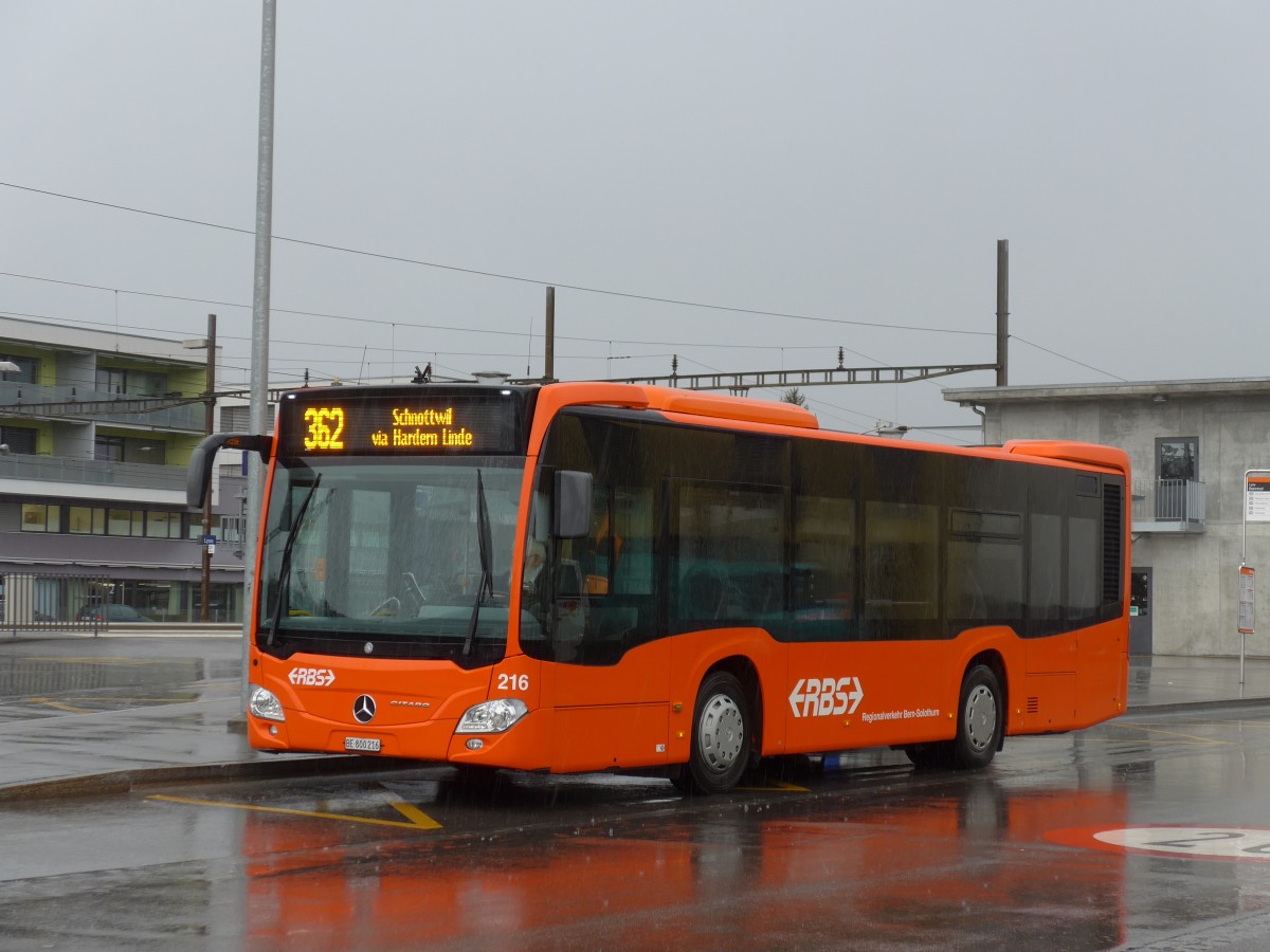 (158'946) - RBS Worblaufen - Nr. 216/BE 800'216 - Mercedes am 2. M�rz 2015 beim Bahnhof Lyss
