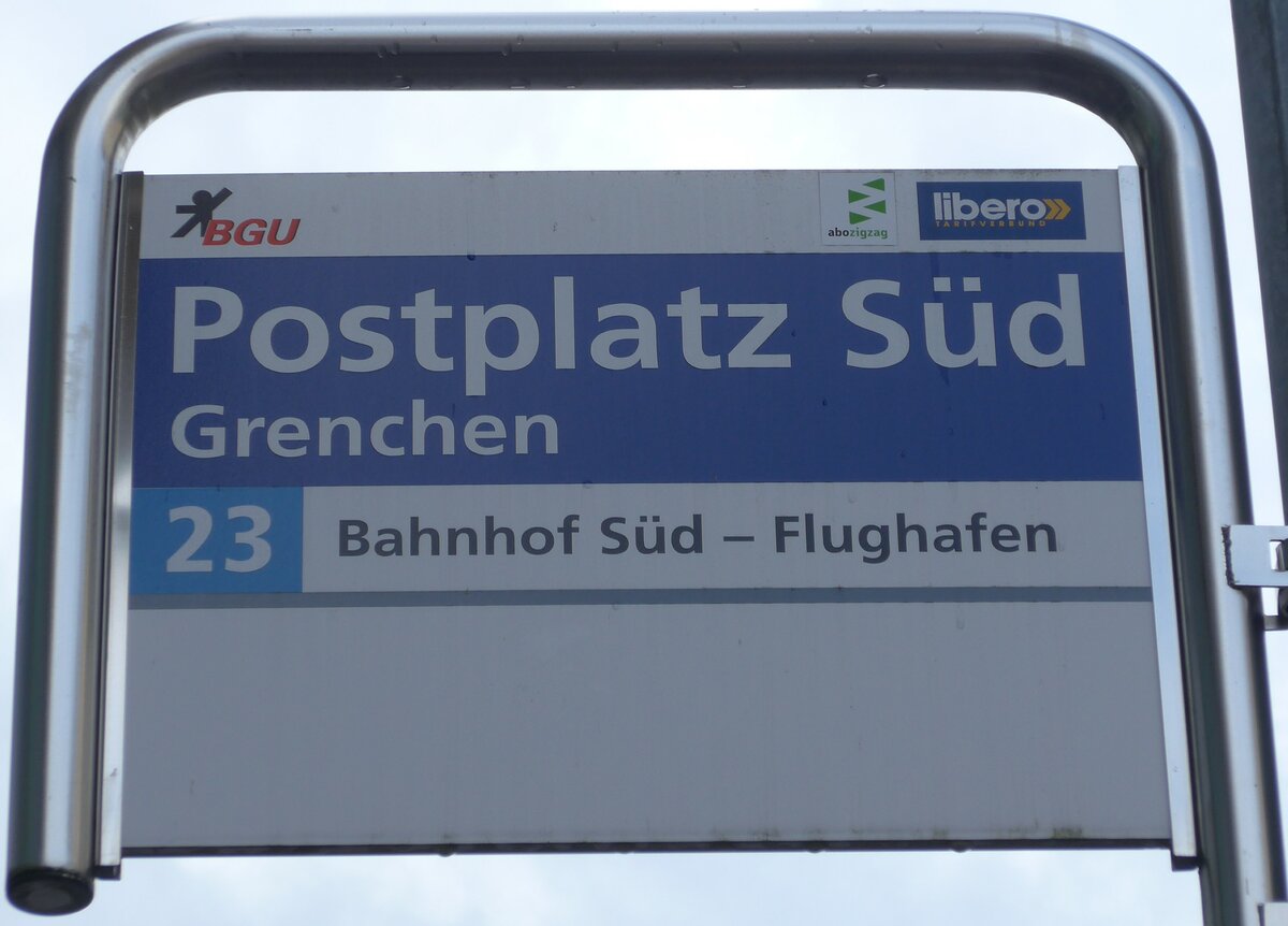 (158'998) - BGU-Haltestellenschild - Grenchen, Postplatz S�d - am 2. M�rz 2015