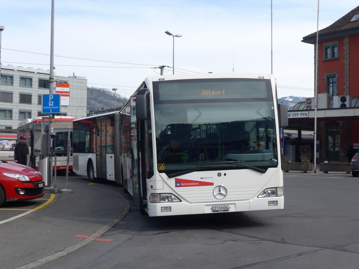 (159'255) - AAGS Schwyz - Nr. 84/SZ 118'684 - Mercedes (ex VR La Chaux-de-Fonds Nr. 228) am 17. M�rz 2015 beim Bahnhof Arth-Goldau